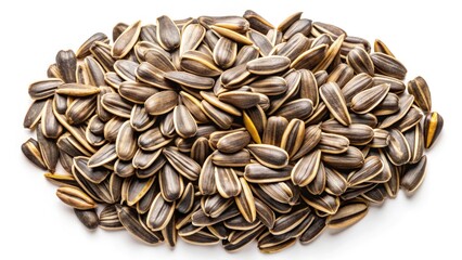 High-resolution image of crunchy salted sunflower seeds, viewed from above, perfectly isolated.