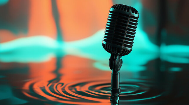 Artistic representation of vintage microphone emitting abstract waves for World Radio Day.