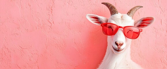 Stylish white goat wearing red aviator glasses against coral background, perfect for fashion content, summer promotions, quirky brand marketing and trendy social media materials