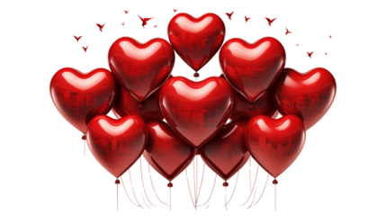 Romantic Red Heart Balloons Floating Against Black Background, studio view, isolated on transparent background.