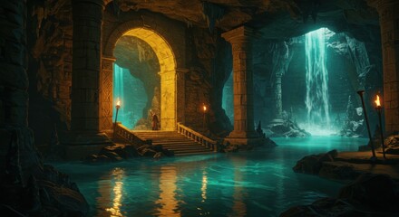 Underground cavern, glowing archway, luminous waterfall, reflective pool, fantasy grotto, magical atmosphere, torchlit chamber, ancient ruins, ethereal light, mysterious passageway, subterranean oasis