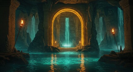 Obraz premium Underground cavern, glowing archway, luminous waterfall, reflective pool, fantasy grotto, magical atmosphere, torchlit chamber, ancient ruins, ethereal light, mysterious passageway, subterranean oasis