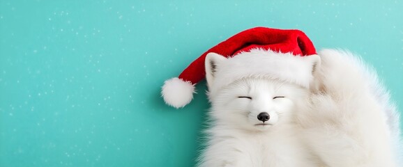 White arctic fox wearing Santa hat on mint background with falling snow, ideal for Christmas cards, winter holiday promotions, seasonal decor designs and magical festive content