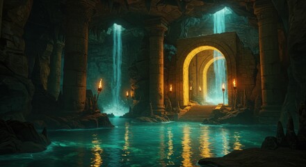 Underground cavern, glowing archway, luminous waterfall, reflective pool, fantasy grotto, magical atmosphere, torchlit chamber, ancient ruins, ethereal light, mysterious passageway, subterranean oasis