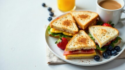A delightful breakfast featuring gourmet grilled cheese sandwiches, complemented by fresh berries and a warm beverage.