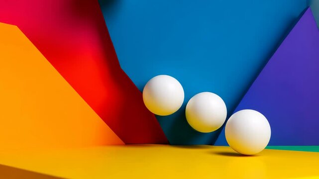 Colorful background with four white balls in the air. The balls are in different positions, with one in the middle and the other three on the right side. The scene gives off a playful
