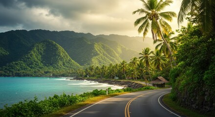 Fototapeta premium Tropical coastal road, winding asphalt, lush green mountains, turquoise bay, palm trees, dramatic cloudy sky, golden sunlight, scenic Caribbean landscape, curving highway, paradise island, vibrant col