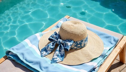 Relaxing summer beach scene with straw hat and towel by the swimming pool
