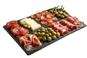 Traditional Spanish tapas platters with jamón, olives, and cheeses, top view, served on a holiday table