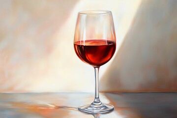 Glass of red wine, light background, painted.
