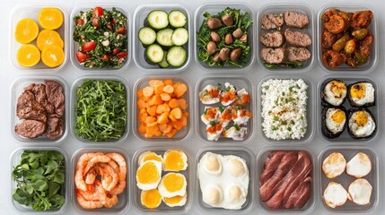 Overhead shot of various healthy meal-prepped foods in clear containers.