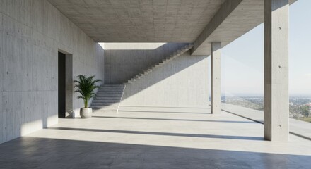 Obraz premium Minimalist architecture, concrete hallway, sunlight streaming through, diagonal shadows, potted plant, white brick walls, geometric shapes, clean lines, modern interior design, empty space, natural li