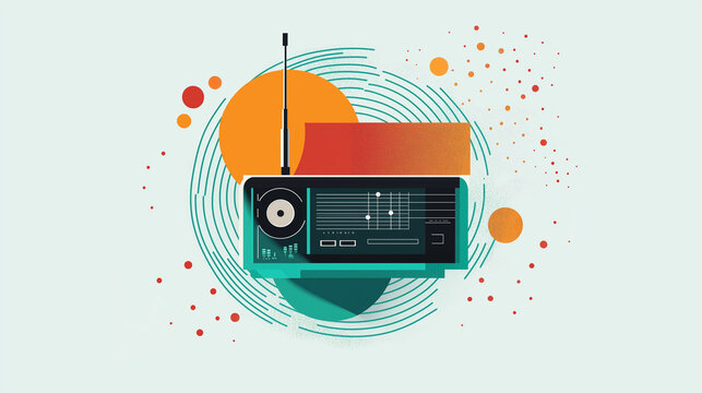 Flat design of a radio wave pattern intersecting minimalist shapes for World Radio Day.