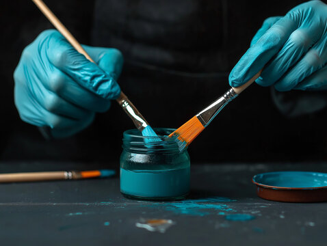 Farbenfrohes Handwerk: Pinsel taucht in leuchtende Farbpalette

