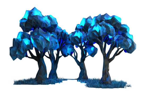 forest with glowing blue tree trunks low poly on white background