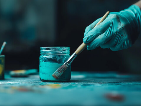 Farbenfrohes Handwerk: Pinsel taucht in leuchtende Farbpalette

