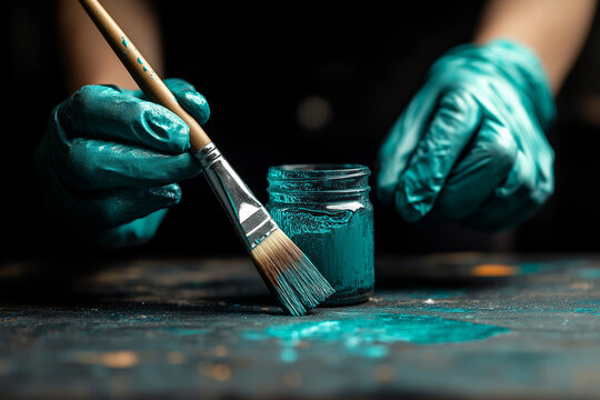 Farbenfrohes Handwerk: Pinsel taucht in leuchtende Farbpalette


