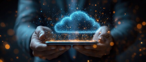 Cloud computing, digital data, phone, glowing, bokeh