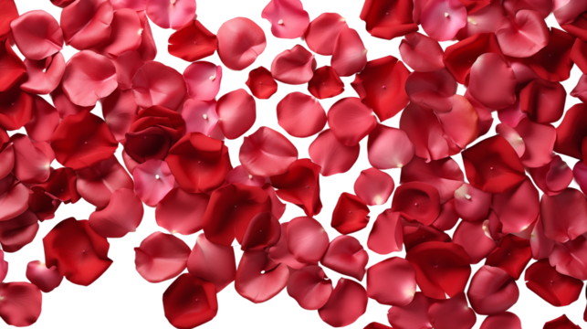 Romantic Red Rose Petals Scattered on Black Background, studio view, isolated on transparent background.
