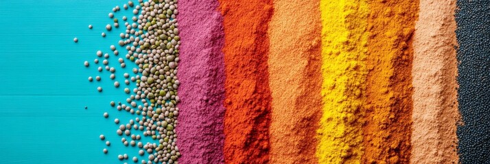 Obraz premium Vibrant Spice and Seed Harmony - Colorful spices and seeds arranged in a vibrant, healthy pattern. Symbolizing nutrition, flavor, variety, nature, and abundance.