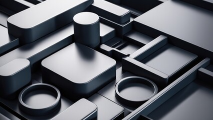 Abstract geometric layout with dark 3D blocks and shapes, ideal for modern technology visuals,...