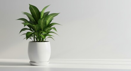 Fototapeta premium Indoor plant, spathiphyllum, peace lily, white ceramic pot, minimalist decor, bright room, white brick wall, sunlight, shadow, clean aesthetic, houseplant, green leaves, glossy foliage, interior desig