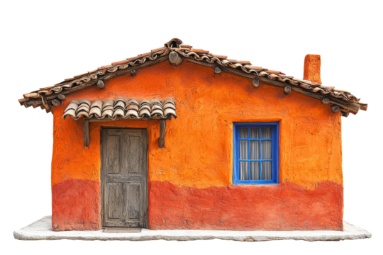 Mexican adobe house with vibrant colors and clay roof tiles, on a white backdrop