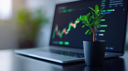 Lush Green Plant in Modern Pot Placed on Sleek Laptop Creating a Harmonious Blend of Nature and Technology in a Contemporary Workspace Environment