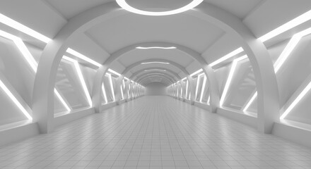 Futuristic white corridor, sci-fi spaceship interior, curved walls, oval archways, repeating pattern, minimalist design, clean lines, bright illumination, reflective floor, vanishing point perspective