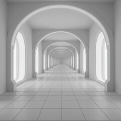 Obraz premium Futuristic white corridor, sci-fi spaceship interior, curved walls, oval archways, repeating pattern, minimalist design, clean lines, bright illumination, reflective floor, vanishing point perspective