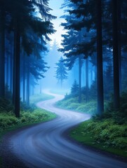 Obraz premium Winding Forest Road in Mist - Serene winding road, mystical forest, blue mist, tranquil scene, journey concept.
