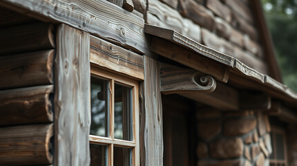 Close-up view of a rustic log cabin exterior.  The image focuses on a window and intricately carved wooden eaves, showcasing the aged wood and stone construction.  Brown and grey tones dominate.