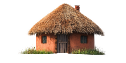 Traditional African mud hut with thatched roof, placed on white backdrop