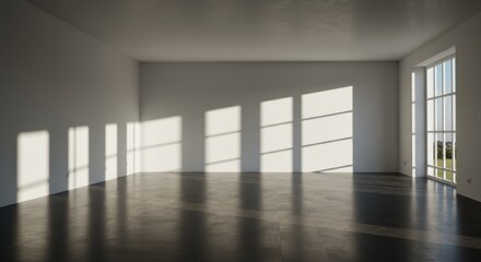 Fototapeta premium Minimalist interior, empty room, large windows, stark white walls, dark floor, dramatic shadows, sunlight streaming in, geometric shapes, clean lines, modern architecture, high contrast, zen-like spac