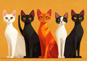 many cats sitting on the stage looking into the camera,  pastel colors