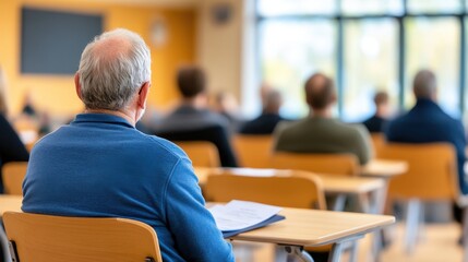A focused man sitting in a bright classroom engaged in learning during a retirement planning seminar reflecting determination and a hopeful future