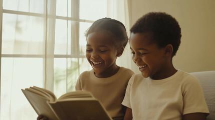 Laughing siblings sharing a book in a well-lit, minimalist space with neutral tones.