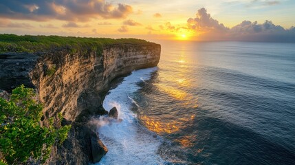 rough coastline with high cliffs by the sea, sunset by the ocean