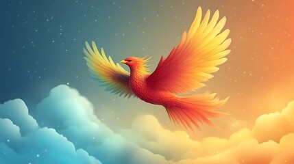 Fototapeta premium Fiery Phoenix Soaring Through Colorful Clouds