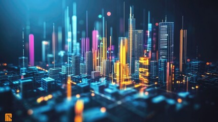 Obraz premium Futuristic Cityscape with Neon Lights and Abstract 3D Elements in a Dynamic Urban Environment