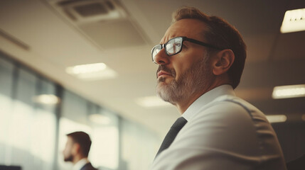 Obraz premium Male manager gesturing sharply with his hand while a young employee stands with head bowed in a sleek, well-lit conference room.