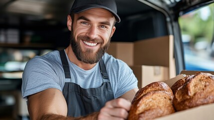 Smiling baker with a beard and cap holds fresh bread loaves in a delivery van, showcasing his artisanal craft.