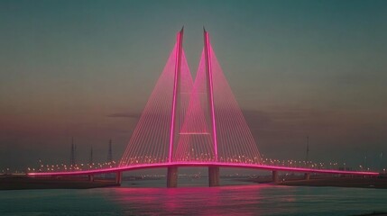 Obraz premium Pink illuminated cable-stayed bridge over water at dusk.