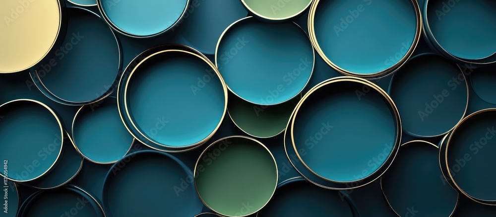 Poster abstract composition of layered circular shapes in metallic colors with ample space for text placeme