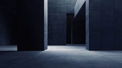 Abstract dark blue and black concrete landscape with intricate textures and geometric shapes creating a moody architectural scene