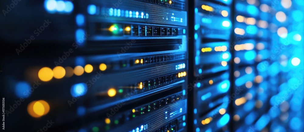 Fototapete abstract digital network infrastructure background with blurred servers and illuminated elements sho