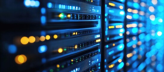 Abstract digital network infrastructure background with blurred servers and illuminated elements showcasing empty space for text or graphics.