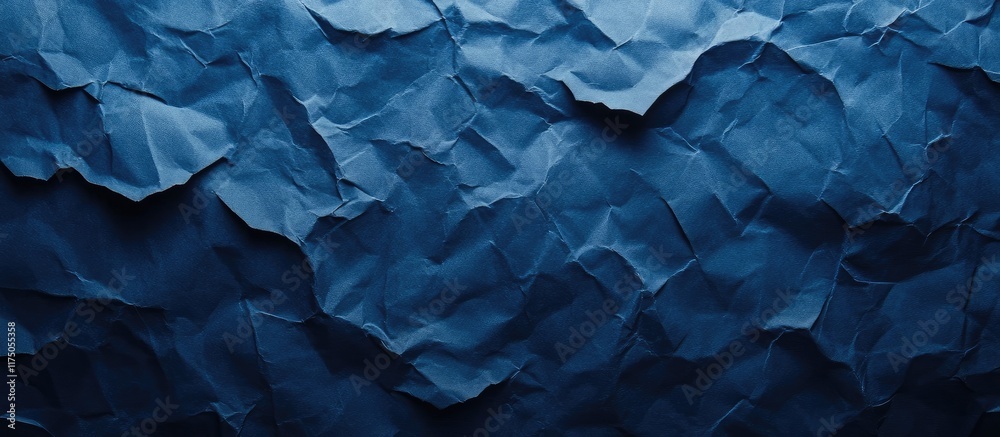 Poster deep blue crumpled paper texture background with subtle shadows and ample space for text or design e