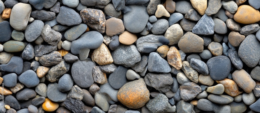 Poster textured gray gravel background with various smooth stones ideal for design projects and ample space