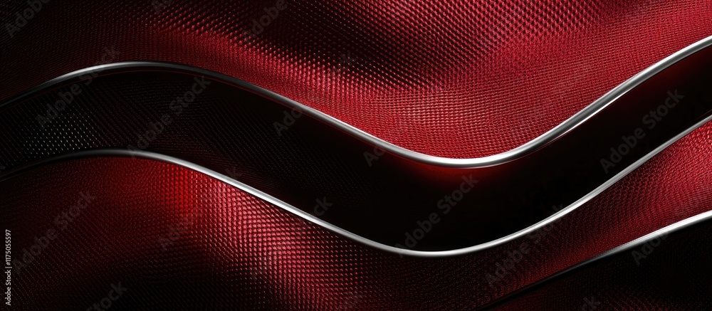 Poster Abstract dark red metallic background with wavy silver lines creating depth and texture ideal for design and text placement